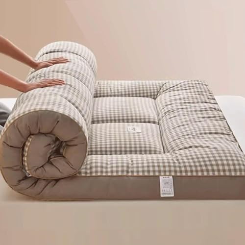 Japanische Futon-Matratze, aufrollbar, weich, atmungsaktiv, druckreduzierend, Doppelbett für Wohnheim und Zuhause (braunes Karomuster, 200 x 220 cm)