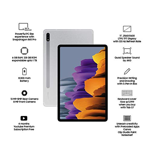 Image of Samsung Galaxy Tab S7 (11 inch, Wi-Fi + LTE, 6 GB RAM, 128 GB Internal) - Mystic Silver + Cover