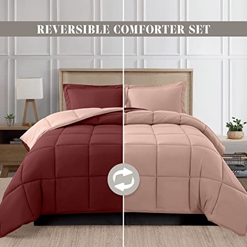 Image of Elegant Comfort 3-Piece Reversible Comforter Set, All Season Cozy, Soft Down Alternative, Quilted - Box Stitched - Duvet Insert with 4 Corner Tabs, Comforter with Shams, Full, Burgundy /Dusty Rose