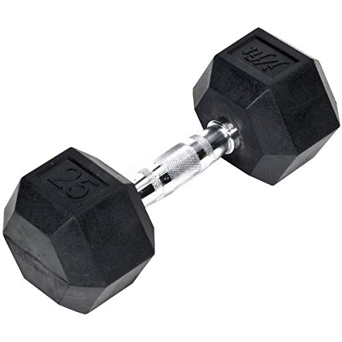 JFIT Rubber Hex Dumbbell 25 LB Single - Hex Shaped Heads to Prevent Rolling and Injury - Ergonomic Hand Weights for Exercise, Therapy, Building Muscle, Strength and Weight Training