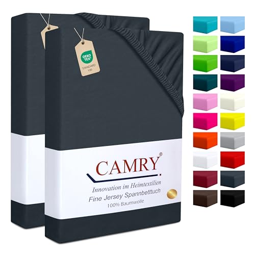 Camry Spannbettlaken 2er-Set 90x200cm - 100x200cm Anthrazit Baumwolle Bettlaken Jersey Spannbetttuch Oeko-Tex 100