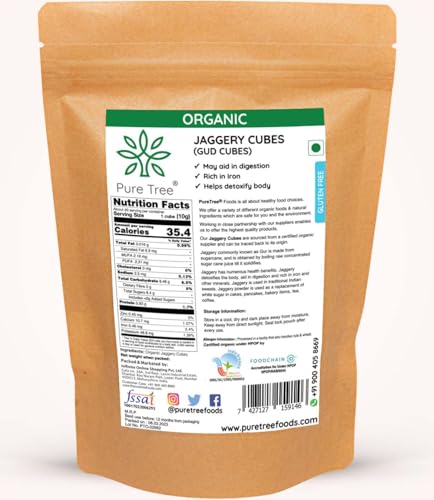 Image of Pure Tree Certified Organic Jaggery Cubes Small | 1.8 Kg / 1800 g | Sugarcane Gur Cubes | Desi Gud Jaggery Cubes from Jaggery Block (No Preservatives)