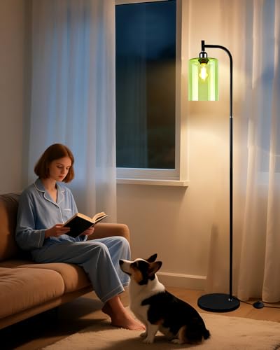 Image of Lightdot 64IN Glass Floor Lamp for Living Room, Modern Standing Lamps with Green Ribbed Glass Lampshade& Bulb Included, Industrial Floor Lamp for Bedroom /Sofa Beside /Corner Decor-Black
