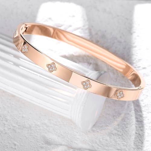 BOLAGTIER 14K Gold Plated Four Leaf Clover Bangle Bracelet (Rose Gold-M) - image 3