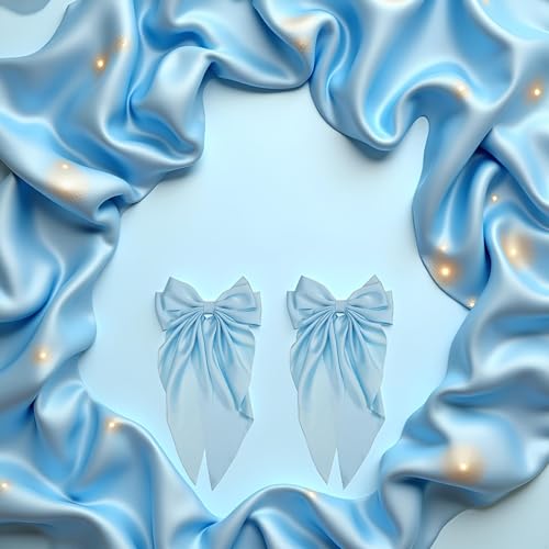 2 Pinzas de Pelo con Lazo Jumbo de Satén Seda, Clips franceses metálicos grandes para Mujeres y Niñas, Azul Claro miniatura 2