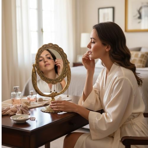 Image of KridayKraft Gold Plated Beautifully Carved Table Mirror for Makeup Metal Salon Mirror Antique Decorative Table Mirror for Decoration & Gifting Purpose, Round, Tabletop