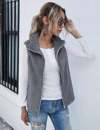 Raphin Daunenweste Damen Teddy-Fleece Ärmellos Casual Strickfleecejacke Damen Einfarbig Mode Lose Daunenweste Damen Leicht(Dunkelgrau,XXL)