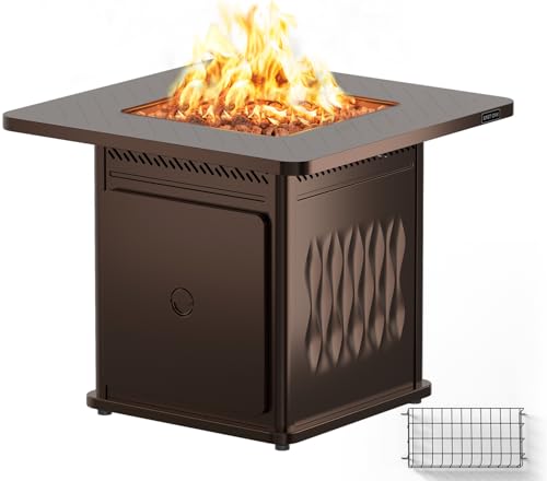 EAST OAK 32'' Propane Fire Pit Table, 50,000 BTU Steel Gas FirePit for Outdoor, Outside Patio Deck and Garden, CSA Certified Fire Table with Magnetic Lid, Cover-Storage Basket and Lava Rock , Brown