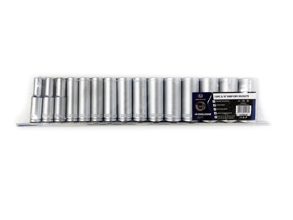 15pc 3/8"" Drive Metric Deep Socket Set 8mm-22mm + Storage Rail Heavy Duty CRV