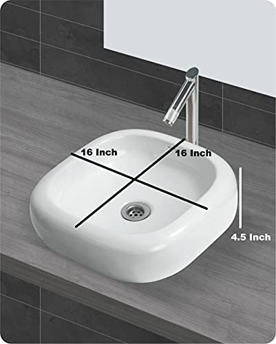 Image of Wash Basin Table Top Over Counter Vessel Sink Glossy Finish White Sink for Bathroom (16 x 16 x 4.5 Inch)