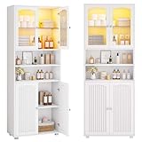 FORABAMB Badezimmerschrank mit mit LED Beleuchtung, Badschrank mit 2 verstellbaren Ablagen & 2 offenen Fächern, Aufbewahrungsschrank für Badezimmer, Wohnzimmer, Esszimmer, 29.5 x 60 x 179 cm, weiß