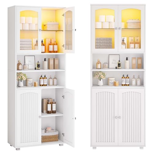 FORABAMB Meuble Colonne Salle de Bain avec Éclairage LED, Armoire de Rangement avec 2 Étagères Réglables, 2 Porte en Verre, Gain de Place, Armoire Haute pour Salon Cuisine, 60 x 29.5 x 179 cm, Blanc