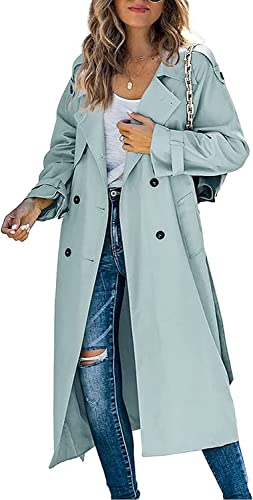 Trench long classique solide pour femme manteau bleu double boutonnage avec ceinture taille M