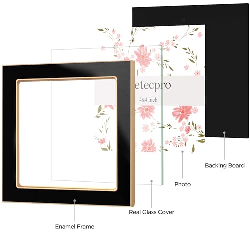 Image of eletecpro 4x4 Enamel Picture Frame with Real Glass Cover, Square Photo Frame with Gold Metal Edge Display Pictures 4 by 4 for Tabletop and Wall Decor, Black, 1 Pack