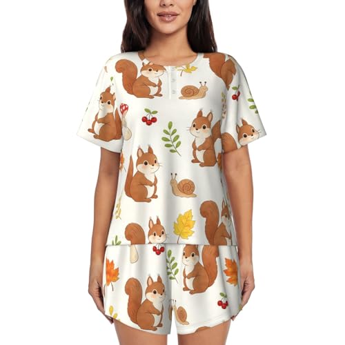 Image of Raunew Womens Pajama Sets Cartoon Squirrel Mushroom Snail 2 Piece Short Sleeve Sleepwear Soft Round Neck Pjs Set, Cartoon Squirrel Mushroom Snail, XXL