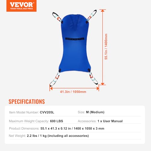 Image of VEVOR Universal Full Body Patient Lift Sling - Medium, Patient Lift Medical Sling for Easy Transfer and Bathing, Polyester Patient Aid Transfer Sling for Elderly, Disabled, Bedridden, 600LBS Capacity