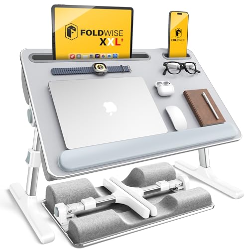 Image of 2-in-1 Bed & Lap Desk with Soft Cushion, Adjustable Height & Angle | Wrist Rest, Leather, iPad Holder & Stopper - Foldable Laptop Stand for Bed & Couch, Portable Bed Table Tray for Adults & Kids