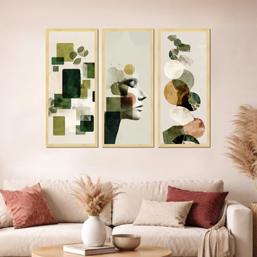 Image of PAINTINGMANTRA Abstract Botanical & Face Framed Wall Art Set of 3 | Modern Boho Green Tone Wall Decor |Engineered Wood Frame Art for Living Room, Bedroom & Office, 8.9x18.9 Inch