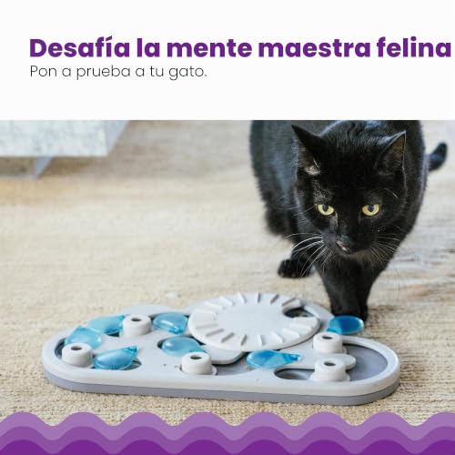 Gato jugando con el rompecabezas Nina Ottosson Rainy Day mientras extrae un premio de un compartimento
