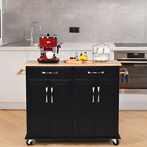 Kitchen Island on Wheels Kitchen Cart Trolley with Storage, Drawers, Cabinet, Towel Rack and Rubber Wood Top Kitchen Cart with Lockable Wheels for Home Hotel Kitchen Dinning Room, Black
