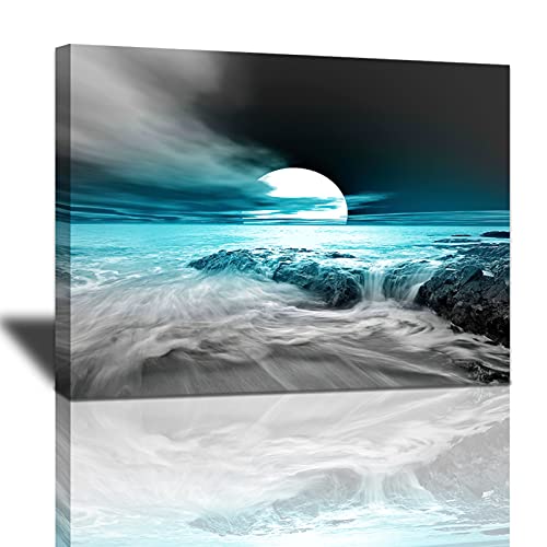 Tourrest Teal Grey Coastal Beach Canvas Wall Art Black and White Artwork Blue Sea Ocean Moon View Nature Landscape Large Wooden Wall DÃ©cor Seaside Waves Poster Modern Home Print Painting for Office