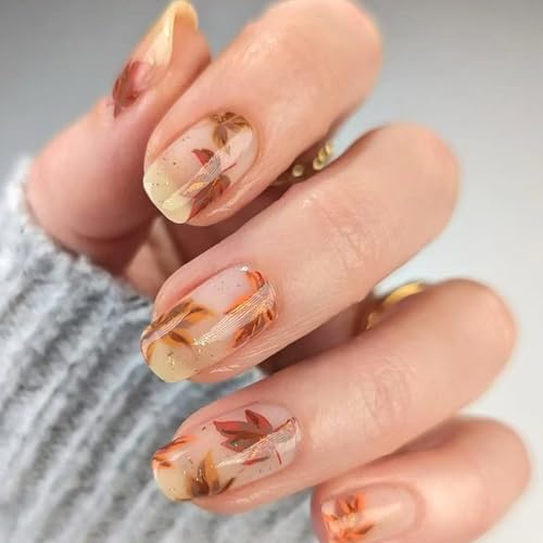 French Tip Press on Nails Fall Maple Leaf Fake Nails Medium Square Acrylic Nails Gel Glue on Nail Autumn Thanksgiving False Nails Reusable Glossy Full Cover Stick on Fingernails for Women 24Pcs