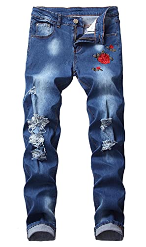 Grimgrow Mens Jeans Stretch, Ripped Distressed Destroyed Slim Fit Jeans Embroidery Pattern Skinny Denim Pants Blue 28