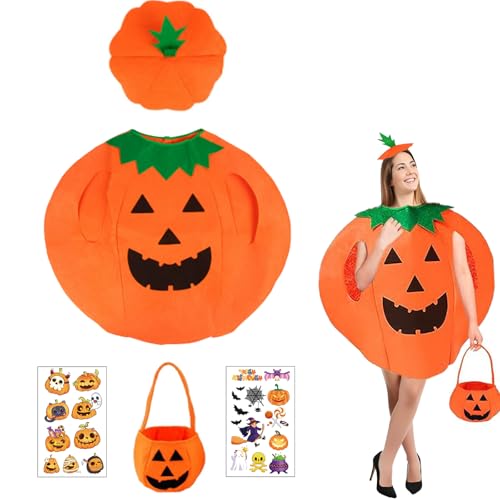 LIANRISES 5 Piezas Disfraz de Calabaza para Halloween: Disfraces Calabaza para Unisex Con Sombrero, Bolsas de Dulces y 2 Tatuajes Falsos, Niños y Adultos para Halloween Carnaval Cosplay Fiesta Traje