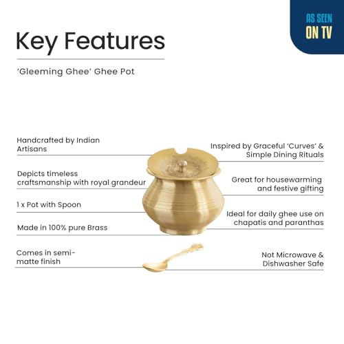 Image of ExclusiveLane 'Gleeming Ghee' Brass Ghee Pot With Spoon (100% Pure Brass, Hand-Etched, 380 ml) | Ghee Storage Jars for Kitchen Gheee Pot with Lid Gheee Dabba Dani