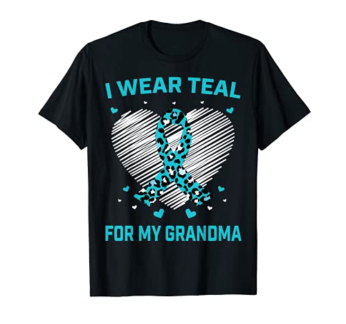 Teal Grandma Ovarian Cancer Conciencia Corazón Cheetah Gráfico Camiseta
