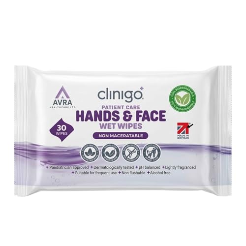 Image of Clinigo Skin Personal Care Hands & Face Wipes - Pack of 30 NHS Approved Patient Wipes - Dermatologically Tested, Multi Purpose, Rinse Free, Alcohol Free, Cleansing Wipes Ideal for Patient Use - White