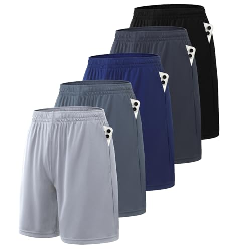 5 Pack Athletic Mens Shorts - Quick Dry Lightweight Training Shorts with Pockets, Breathable Elastic Waistband for Workouts Running, Gym Loose-Fit Casual Activewear