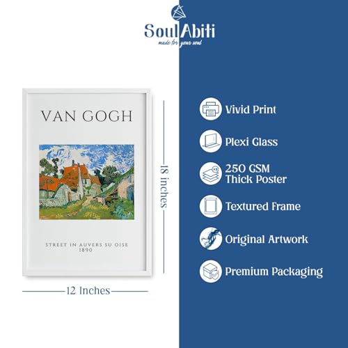 Image of SoulAbiti Street in Auvers-sur-Oise - 1890 & The Starry Night 1889 Framed Wall Art Print Set of 2 12x18 inch White Frame Plexi-Glass Famous Painting Art Prints Home Living Room Bedroom Office Decor