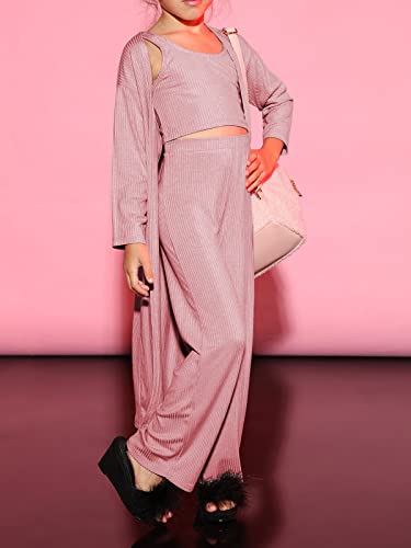 Girls 3 Piece Sweatsuit Outfit Kids Cute Crop Vest Top & High Waist Pants & Cardigan Knitwear Jumpsuit 9-10 Year #TOP2