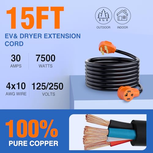Image of Nilight 15FT EV Dryer Extension Cord 4 Prong 30 Amp NEMA 14-30P 14-30R Old Cable Heavy Duty 10 Gauge Pure Copper Wire UL Listed 125 /250V for Level 2 Using