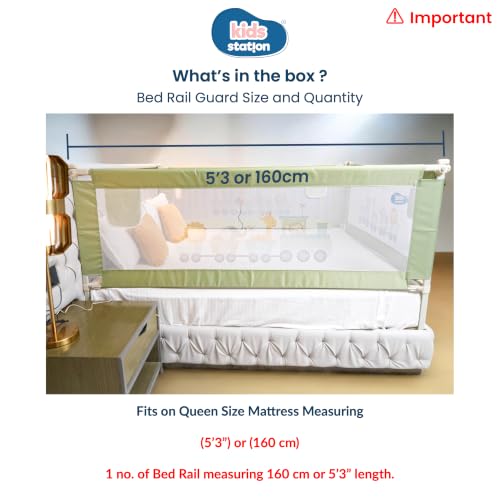 Image of Kids Station Foldable Baby Bed Rail Guard - 28-Level Adjustable Height, 5.3ft (160cm), 1 Side, Made in India (Green, with Pocket)