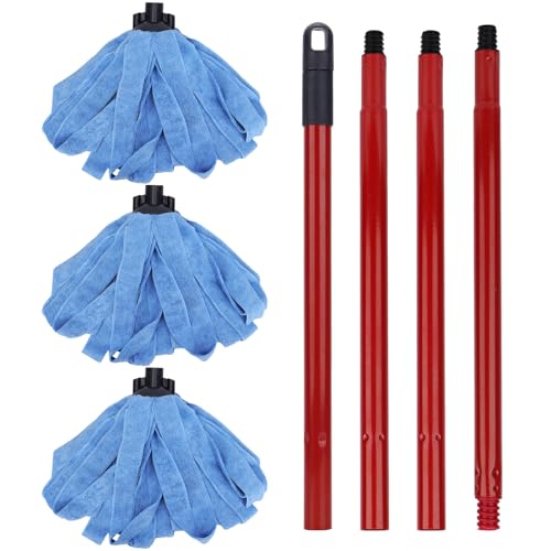 BeiLan Microfiber Mop Cloth Heads Replacements: One Mop Handle with Three Blue Microfiber Cloth Heads Compatible with All Standard US Threading Pole Handle