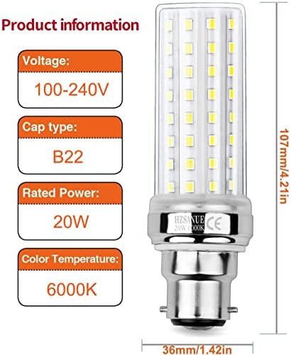 HZSANUE LED Corn Bulbs 20W, 6000K Daylight White, 2200Lm,B22 Bayonet Cap LED Light Bulbs,150W Incandescent Bulbs Equivalent,Pack of 3
