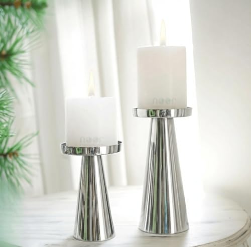 Image of ππππ πππππππππππππ | Metal Pillar Candle Holder Set of 2 | Table Centerpieces Coffee Tables | Candles Stand for Christmas Home Decor Gift | Wedding Gift (Shiny Silver - Set of 2 PCs)