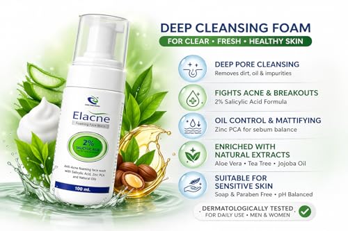 Image of Elacne Foaming Face Wash with 2% Salicylic Acid, Zinc PCA and Natural Oils, for Oily and Acne-Prone Skin, 100 ml