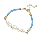 D EXCEED Gift Idea Gold Tone Clear CZ Crystal Roundel Simulated Ivory Pearl Blue Strand Bracelet for Women and Ladies 7