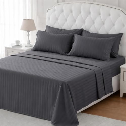 Image of 400 TC Cotton Elastic Fitted Bedsheet with 2 Pillow Covers for Double Bed 48 x 75 6 Inches Dark Grey Stripe Color Fitted Sheet