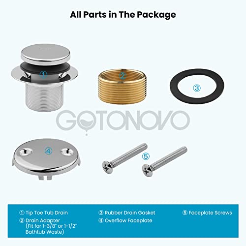 Gotonovo Universal Fine/Coarse Thread Two-Hole Overflow Faceplate Assembly Polished Chrome Finish Tip-Toe Bathtub Drain Plug Stopper Replacement Tub Drainstrainer #TOP6