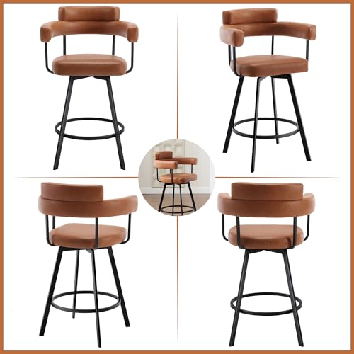 Butacos giratorios de altura para barra, juego de 4 unidades, asiento de cuero sintético, patas metálicas, color marrón miniatura 5