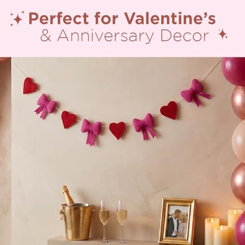 Image of Folkulture Valentine Felt Garland Banner for Home Decor | 72 inches Heart & Bow Hanging Garland for Valentine's Day Decorations, Bedroom Decor, Wall Decor, Party Decorations & Anniversary Room Decor