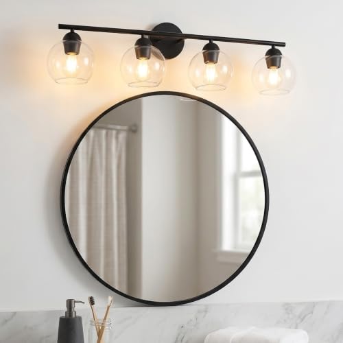 Image of 4 Light Bathroom Vanity Light, Black Vanity Light with Globe Glass Shades, Farmhouse Bathroom Light Fixtures Over Mirror, Modern Wall Light Fixture for Bedroom Hallway, E26 Socket