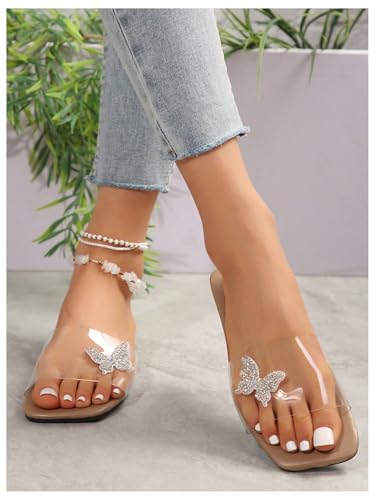 GORGLITTER Women's Clear Strap Flat Sandals Rhinestone Butterfly Slip On Slide Sandal3