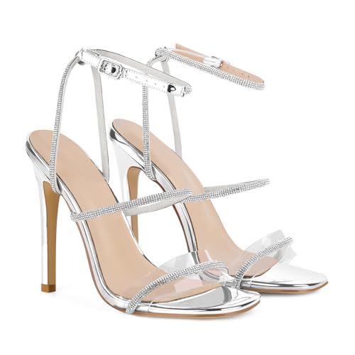 Image of richealnini Rhinestone Stiletto Heels Sandals for Women Crystal Straps Buckle Up Party Dress