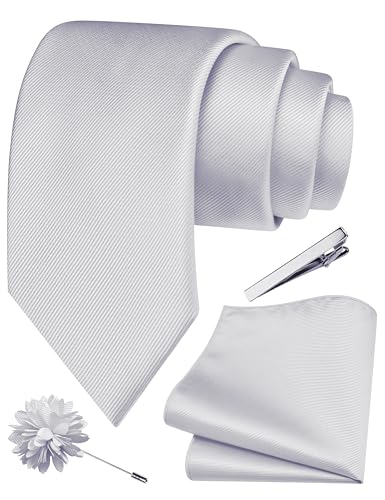 Image of Branduce 3.15 inch（8cm） Solid Formal Tie and Pocket Square Plain Necktie Lapel Pin and Tie Clip Set for Men