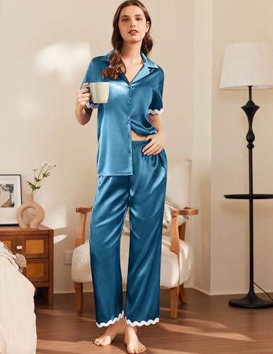 Image of Ekouaer Womens Silk Satin Pajamas Set Button Down 2 Piece Pjs Short Sleeve Long Pants Sleepwear Lounge Set, S-XXL